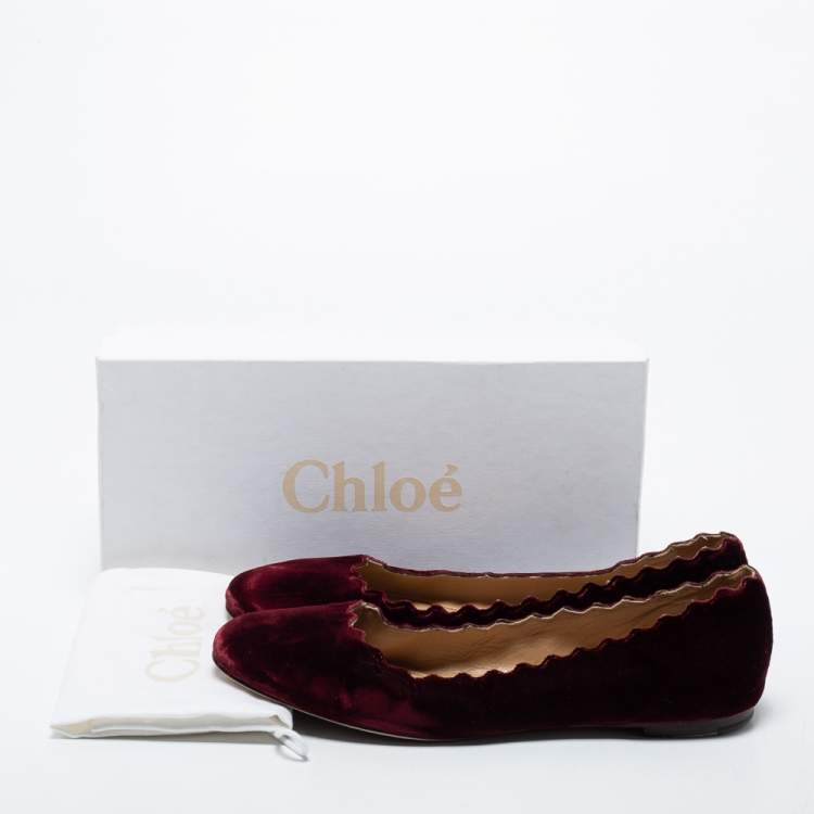 Pre Owned Chloe Burgundy Velvet Scalloped Edge Ballerina Ballet Flats Size 41