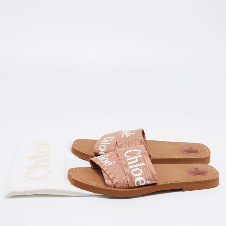 Pre Owned Chloe Light Brown Logo Canvas Woody Flat Slides Size 42