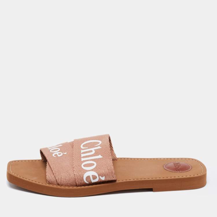 Pre Owned Chloe Light Brown Logo Canvas Woody Flat Slides Size 42