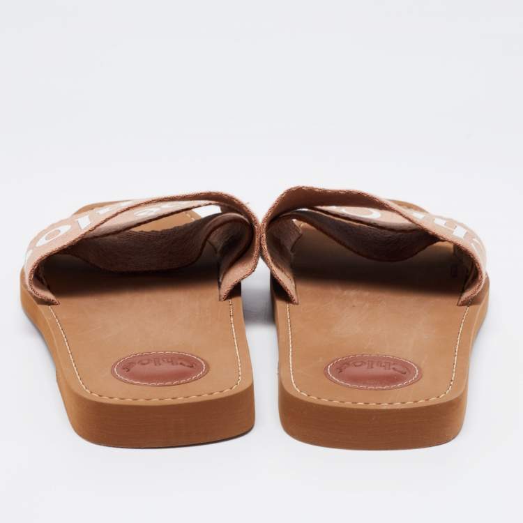 Pre Owned Chloe Light Brown Logo Canvas Woody Flat Slides Size 42
