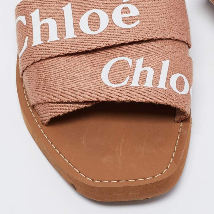 Pre Owned Chloe Light Brown Logo Canvas Woody Flat Slides Size 42