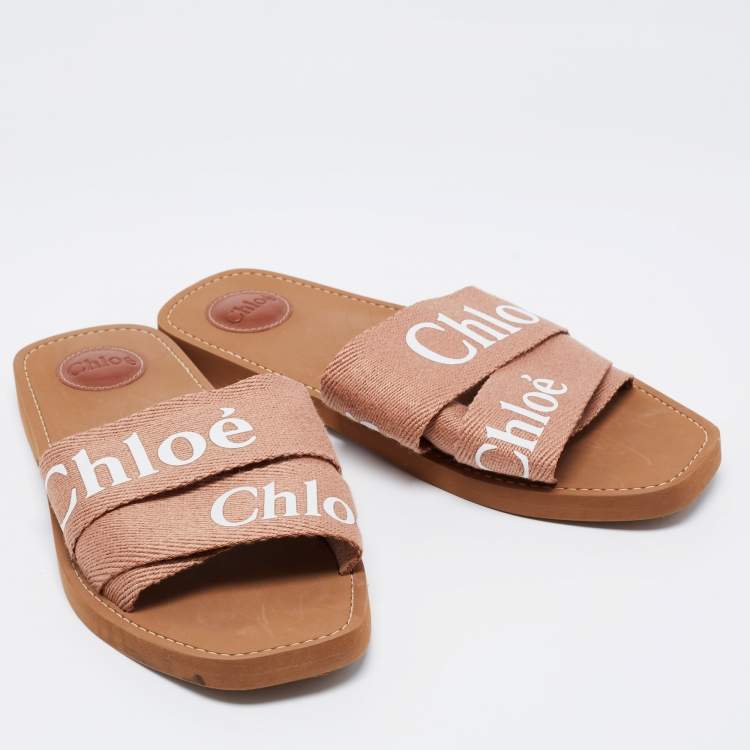 Pre Owned Chloe Light Brown Logo Canvas Woody Flat Slides Size 42
