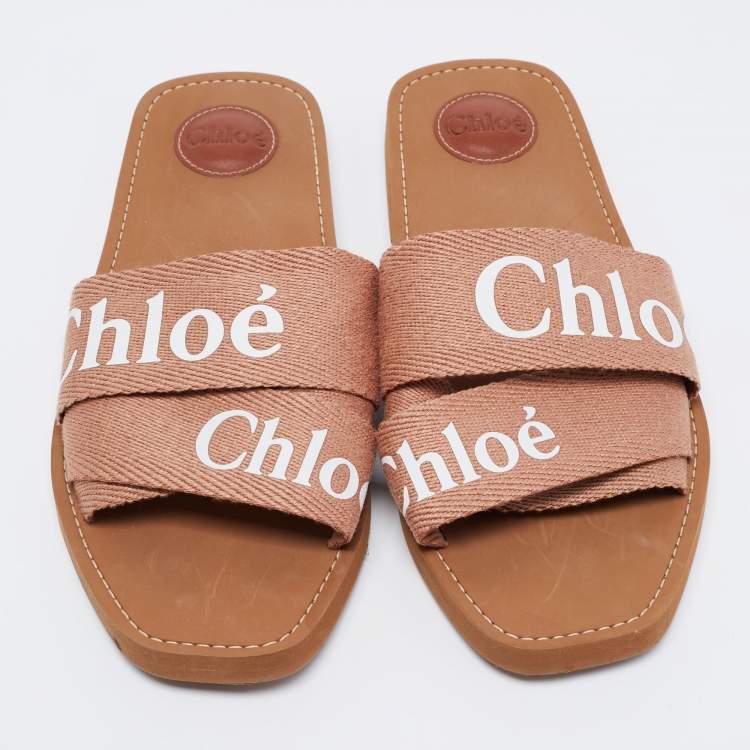 Pre Owned Chloe Light Brown Logo Canvas Woody Flat Slides Size 42