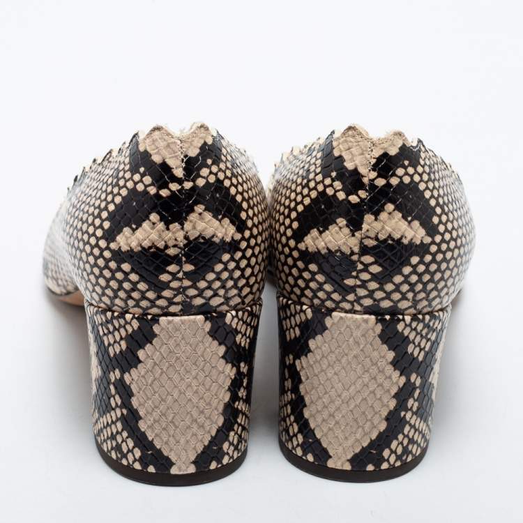 Pre Owned Chloe Beige Python Embossed Leather Block Heel Pumps Size 37