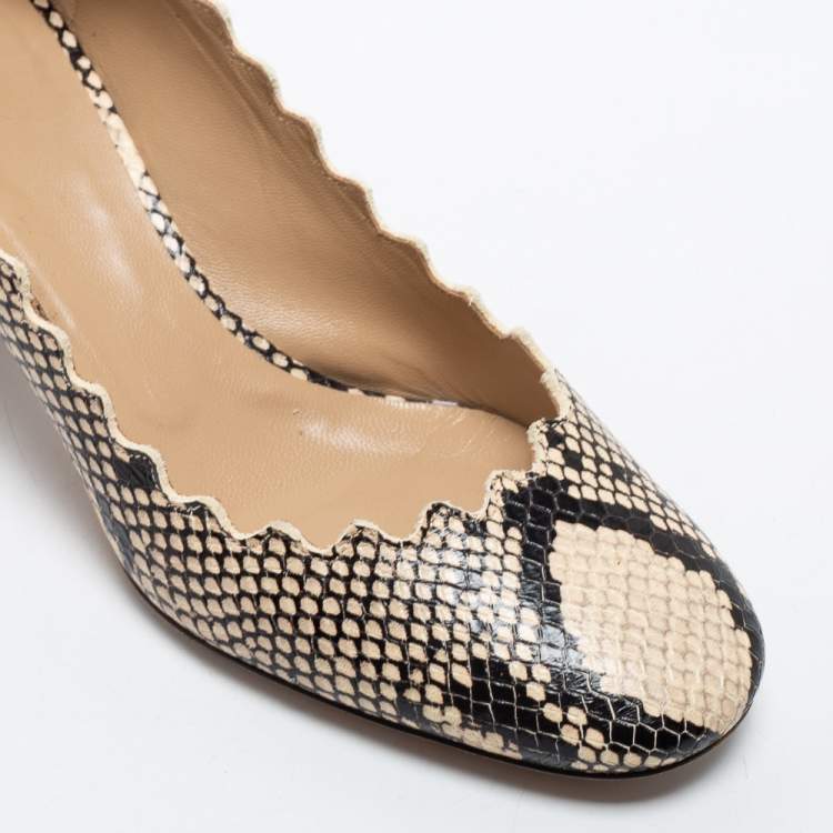 Pre Owned Chloe Beige Python Embossed Leather Block Heel Pumps Size 37