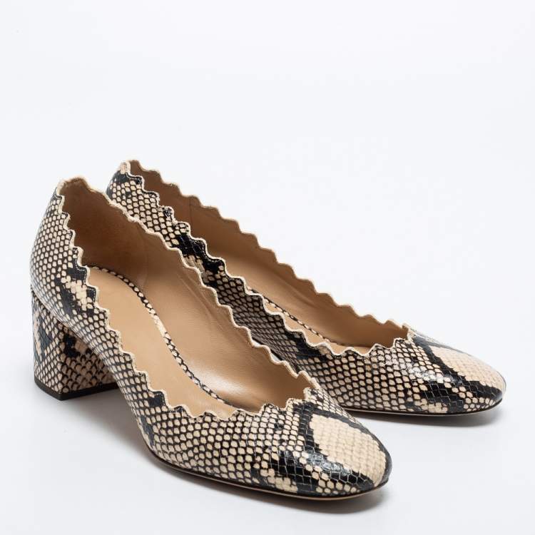 Pre Owned Chloe Beige Python Embossed Leather Block Heel Pumps Size 37