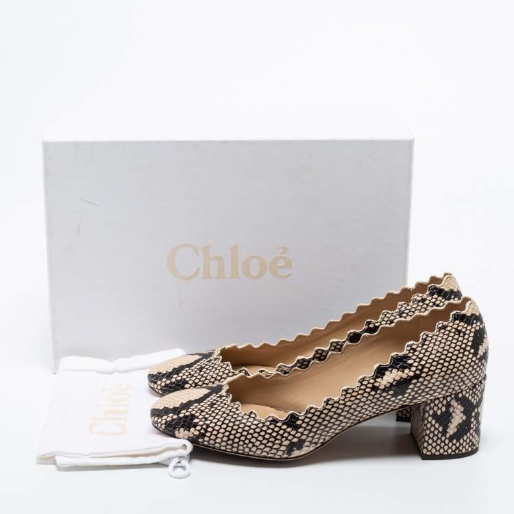 Pre Owned Chloe Beige Python Embossed Leather Block Heel Pumps Size 37