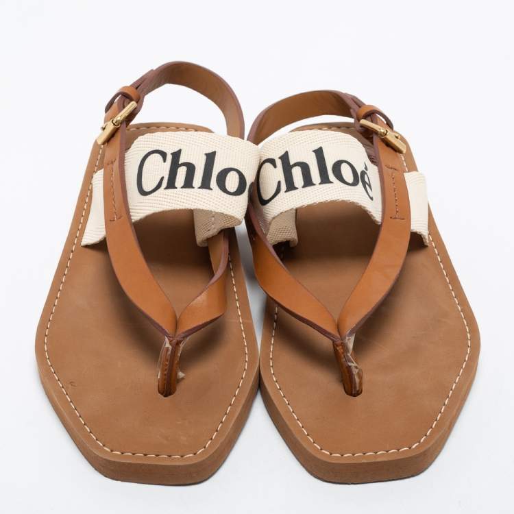 Pre Owned Chloe Brown/Off White Leather and Logo Canvas Woody Flat Thong Sandals Size 36