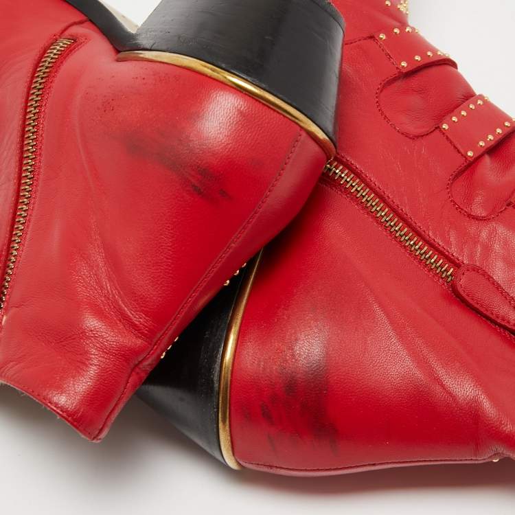 مملوكة مسبقًا Chloe Red Leather Susanna Studded Ankle Length Boots Size 37.5