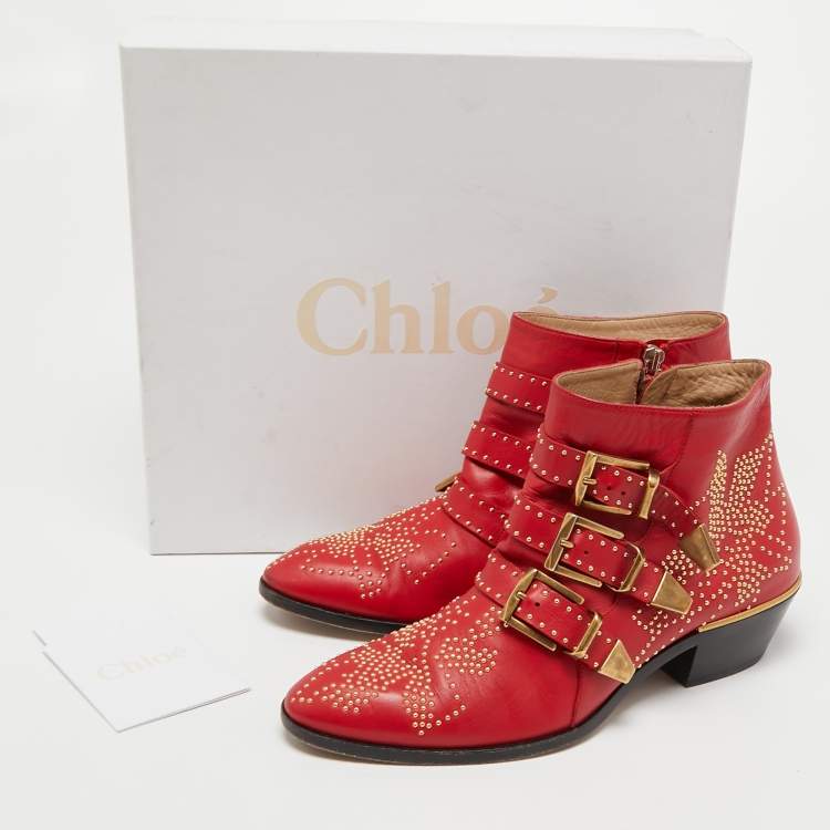 مملوكة مسبقًا Chloe Red Leather Susanna Studded Ankle Length Boots Size 37.5