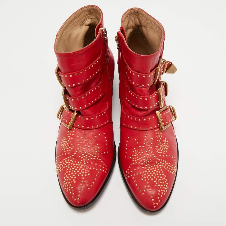 مملوكة مسبقًا Chloe Red Leather Susanna Studded Ankle Length Boots Size 37.5