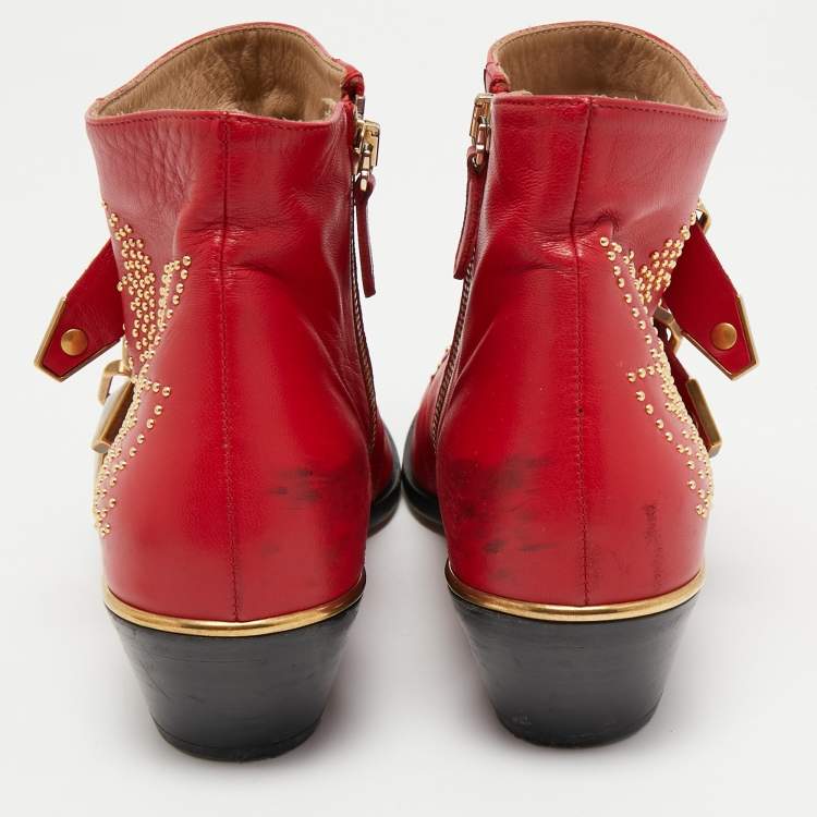 مملوكة مسبقًا Chloe Red Leather Susanna Studded Ankle Length Boots Size 37.5