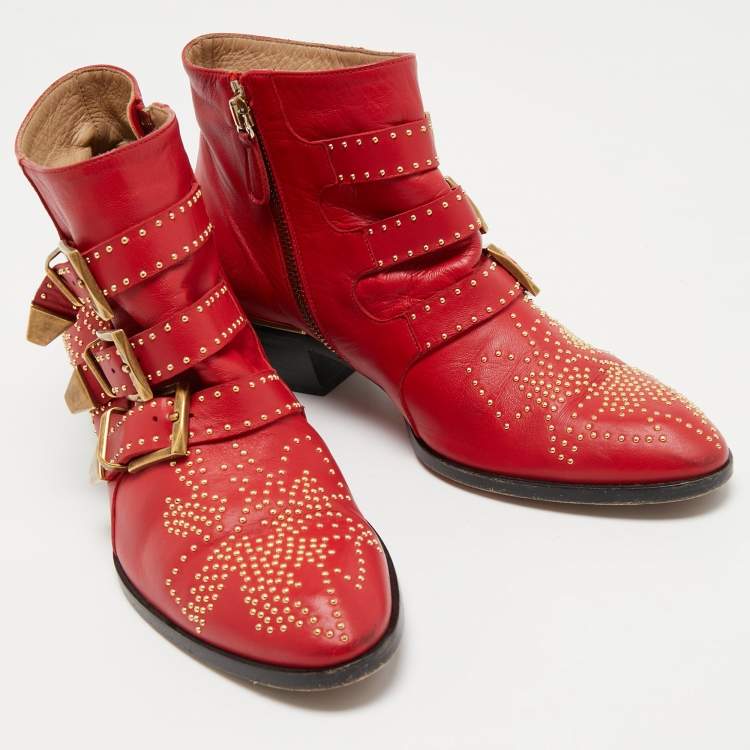 مملوكة مسبقًا Chloe Red Leather Susanna Studded Ankle Length Boots Size 37.5