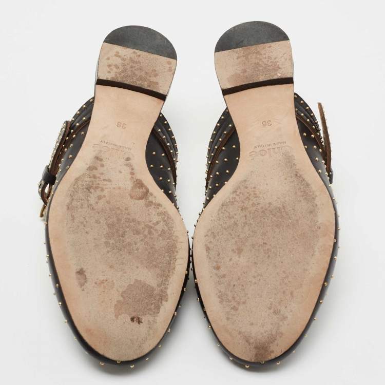 Pre Owned Chloe Black Studded Leather Round Toe Flat Mules Size 36