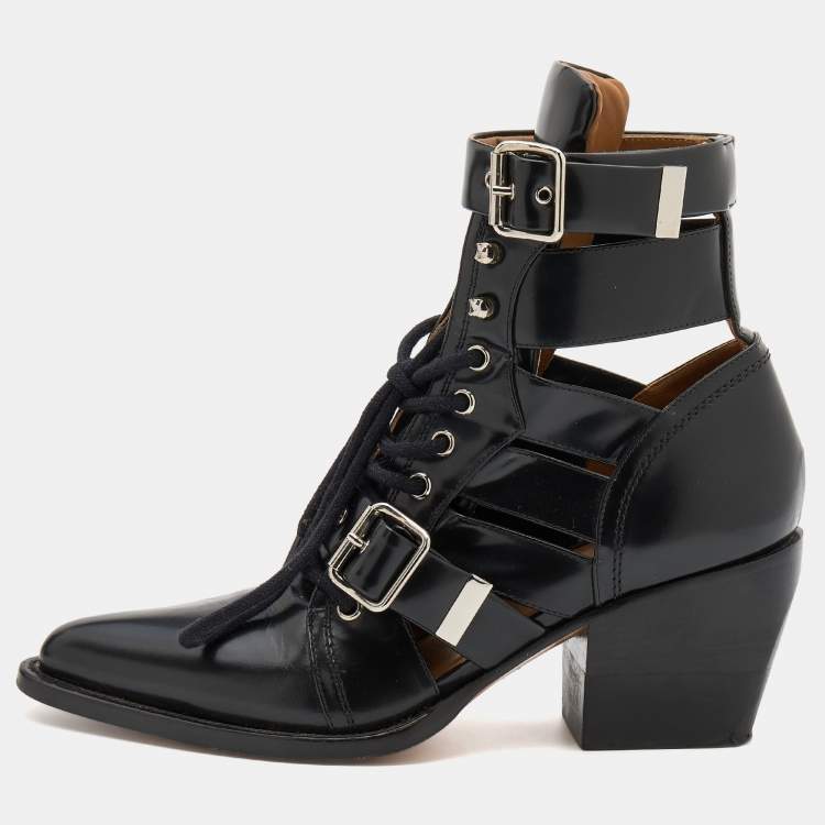 مملوكة مسبقًا Chloe Black Leather Rylee Buckle Detail Ankle Boots Size 40