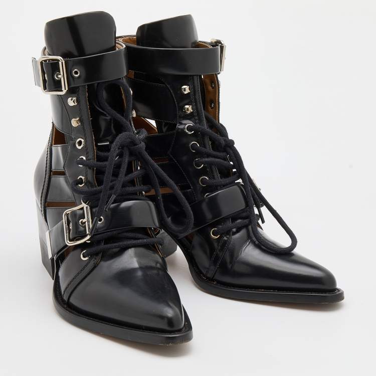 مملوكة مسبقًا Chloe Black Leather Rylee Buckle Detail Ankle Boots Size 40