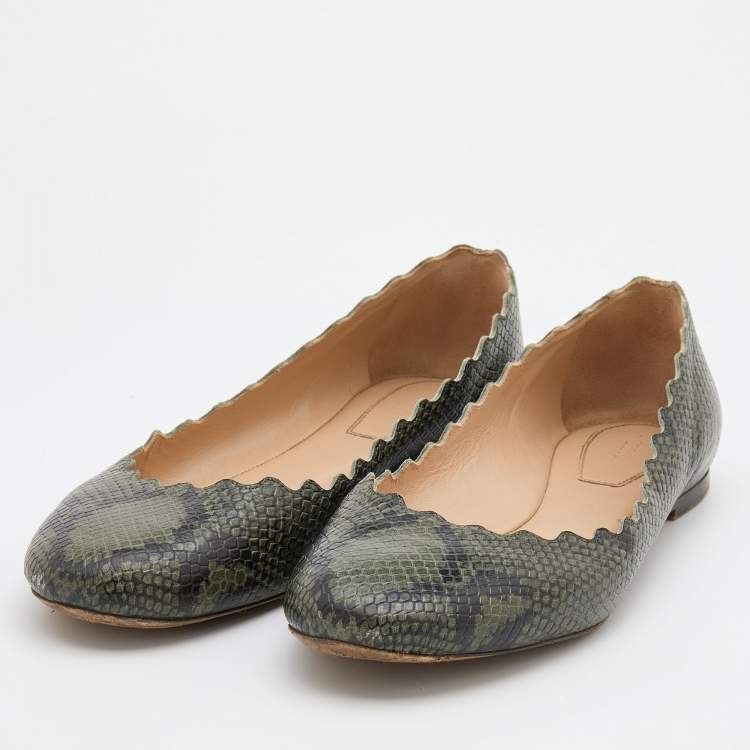 Pre Owned Chloe Green/Black Python Embossed Leather Lauren Scallop Ballet Flats Size 40