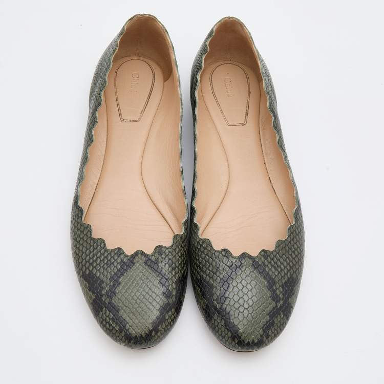 Pre Owned Chloe Green/Black Python Embossed Leather Lauren Scallop Ballet Flats Size 40
