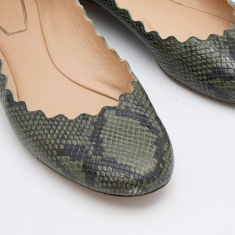 Pre Owned Chloe Green/Black Python Embossed Leather Lauren Scallop Ballet Flats Size 40