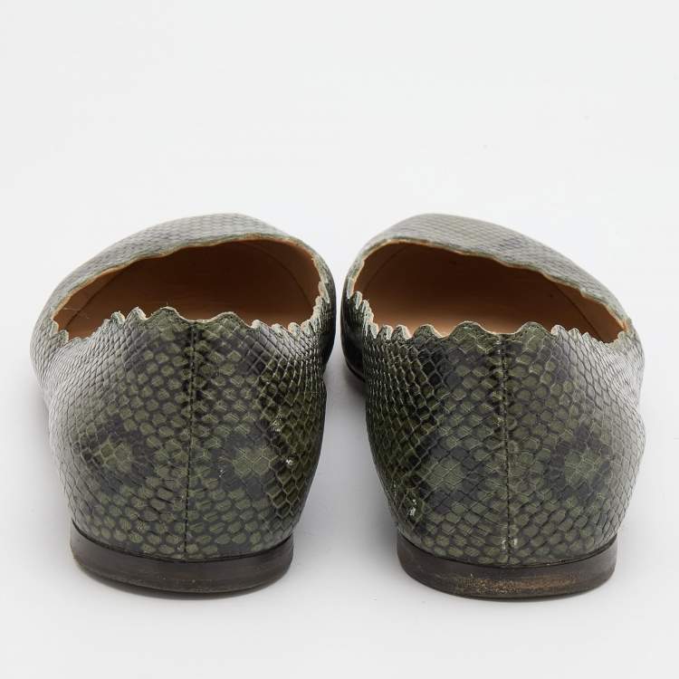 Pre Owned Chloe Green/Black Python Embossed Leather Lauren Scallop Ballet Flats Size 40
