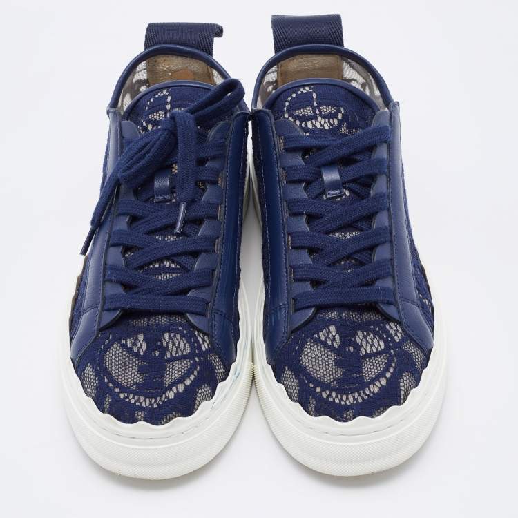 Pre Owned Chloe Navy Blue Lace and Leather Lauren Low Top Sneakers Size 39
