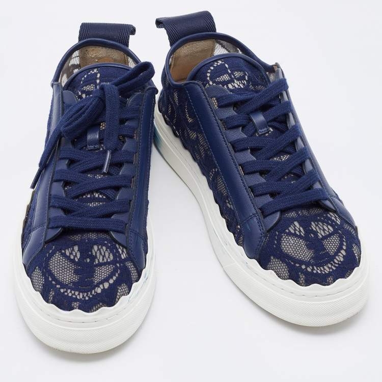Pre Owned Chloe Navy Blue Lace and Leather Lauren Low Top Sneakers Size 39