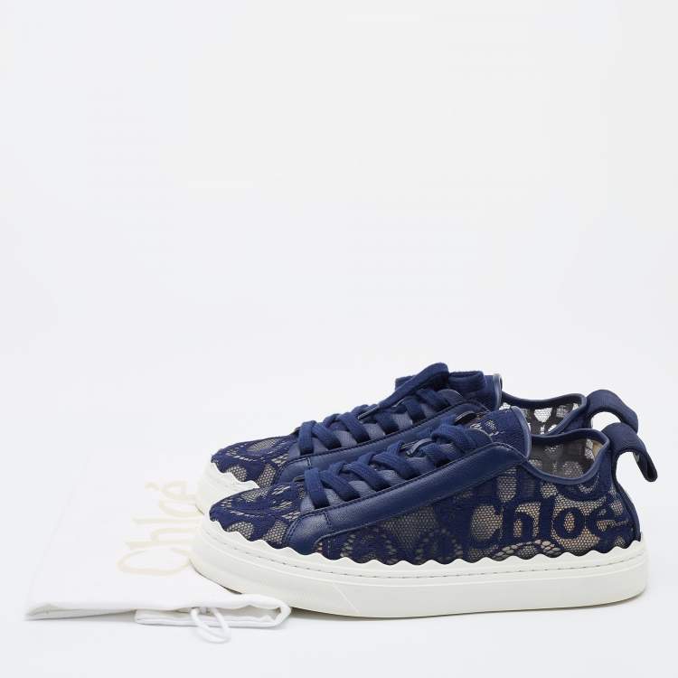 Pre Owned Chloe Navy Blue Lace and Leather Lauren Low Top Sneakers Size 39