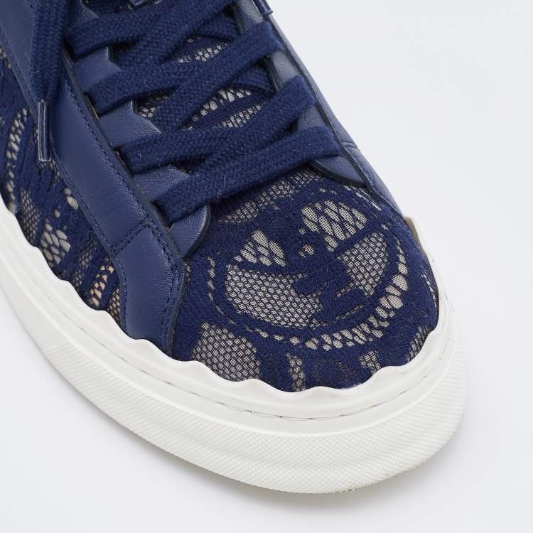 Pre Owned Chloe Navy Blue Lace and Leather Lauren Low Top Sneakers Size 39
