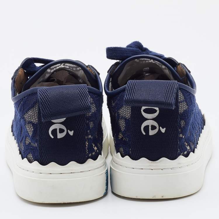Pre Owned Chloe Navy Blue Lace and Leather Lauren Low Top Sneakers Size 39