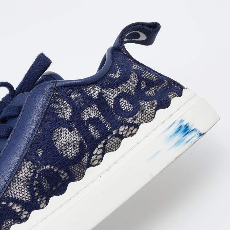 Pre Owned Chloe Navy Blue Lace and Leather Lauren Low Top Sneakers Size 39