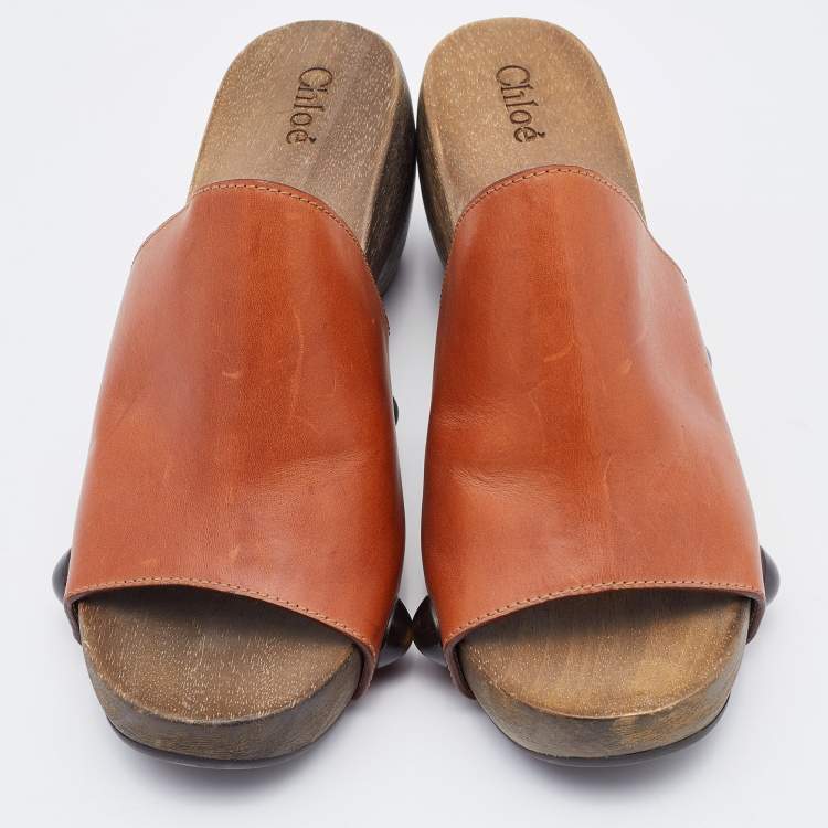 Pre Owned Chloe Brown Leather Peep Toe Clogs Size 36