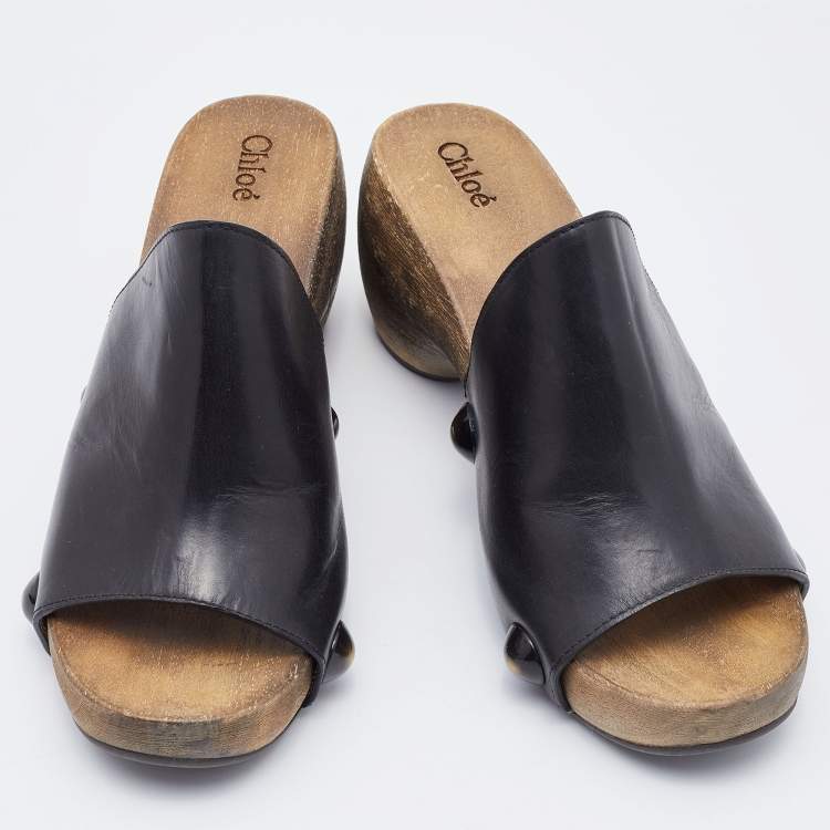 Pre Owned Chloe Black Leather Peep Toe Clogs Size 37