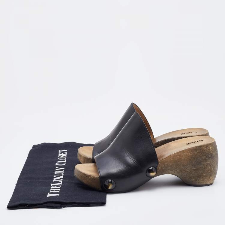 Pre Owned Chloe Black Leather Peep Toe Clogs Size 37