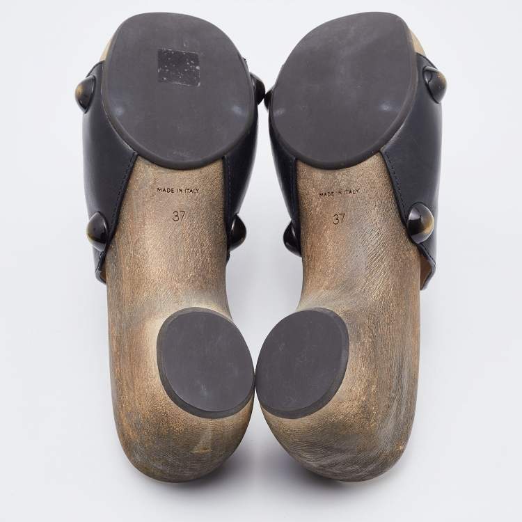 Pre Owned Chloe Black Leather Peep Toe Clogs Size 37