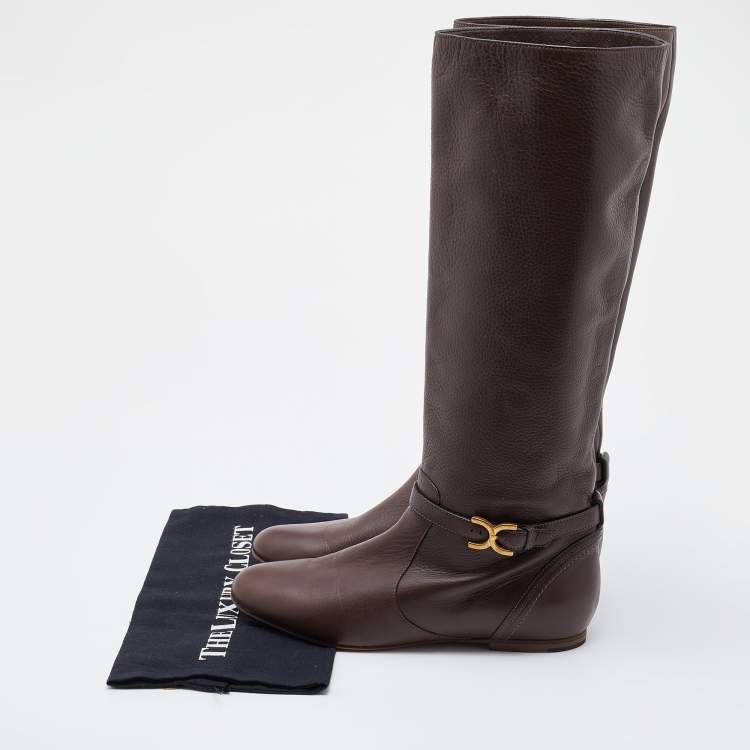 Pre Owned Chloe Dark Brown Leather Knee Length Boots Size 40