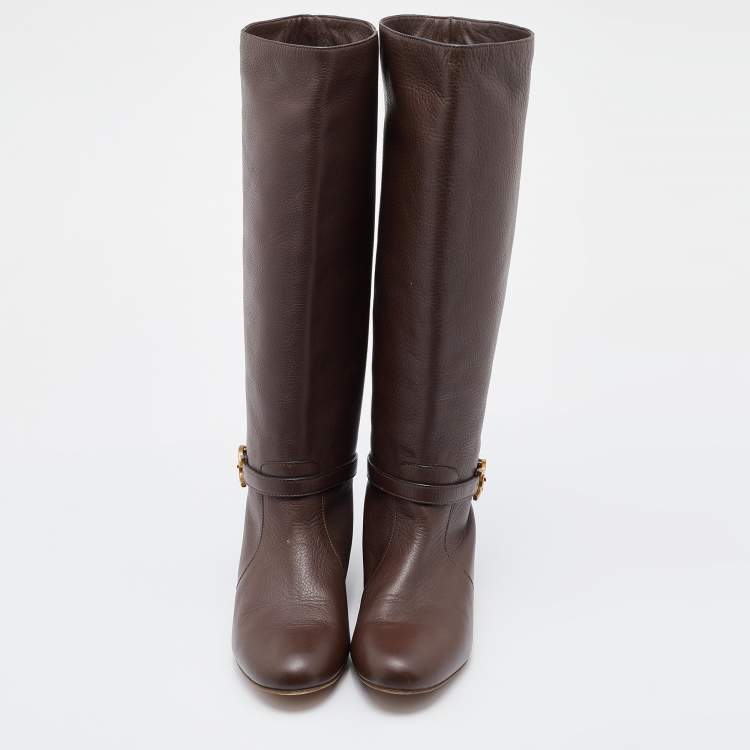 Pre Owned Chloe Dark Brown Leather Knee Length Boots Size 40