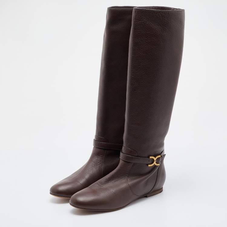 Pre Owned Chloe Dark Brown Leather Knee Length Boots Size 40