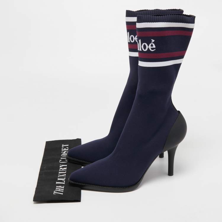 Pre Owned Chloe Navy Blue Knit Fabric Tracy Sock Booties Size 41
