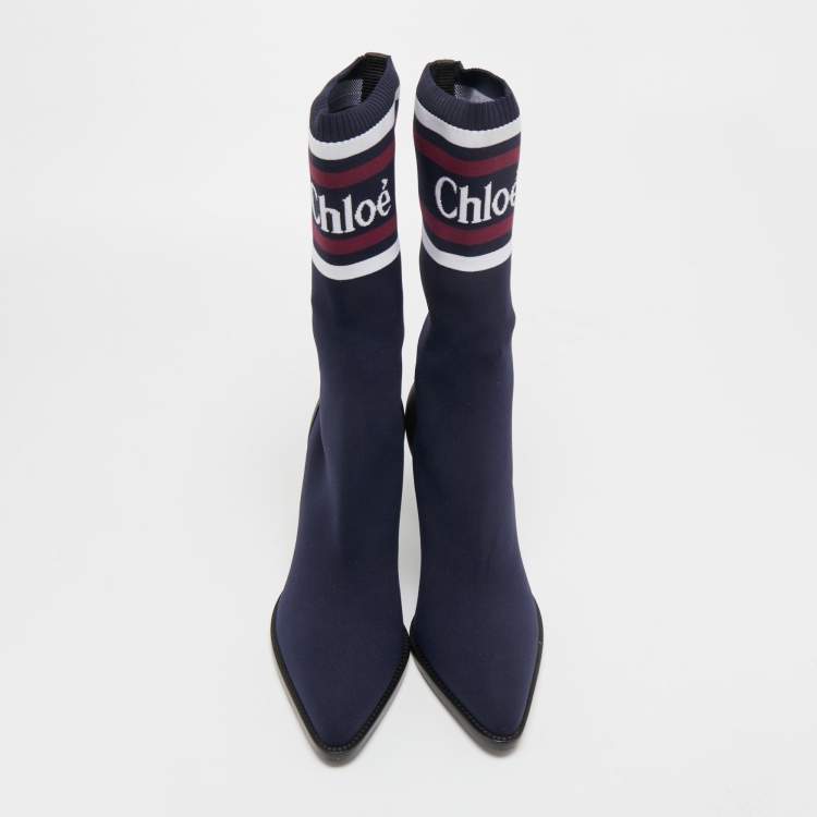 Pre Owned Chloe Navy Blue Knit Fabric Tracy Sock Booties Size 41