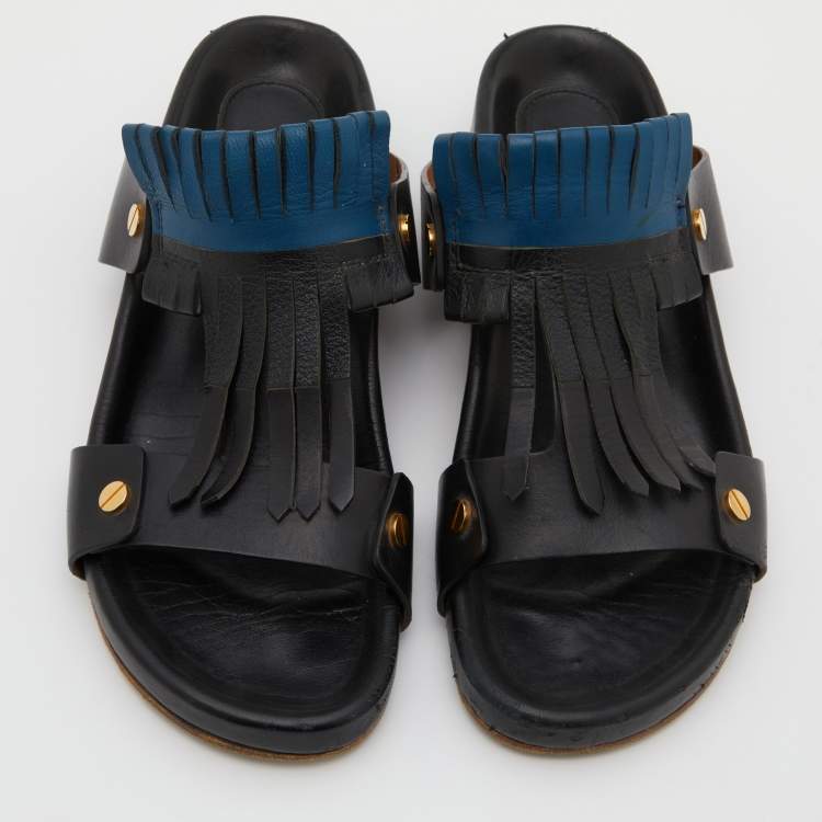 مملوكة مسبقًا Chloe Black/Blue Leather Fringe Detail Flat Sandals Size 39