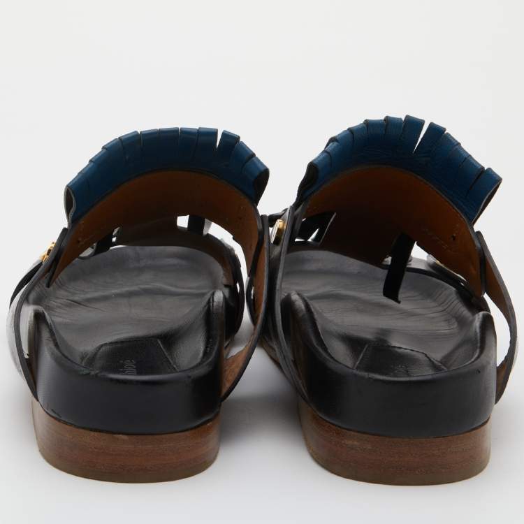 مملوكة مسبقًا Chloe Black/Blue Leather Fringe Detail Flat Sandals Size 39
