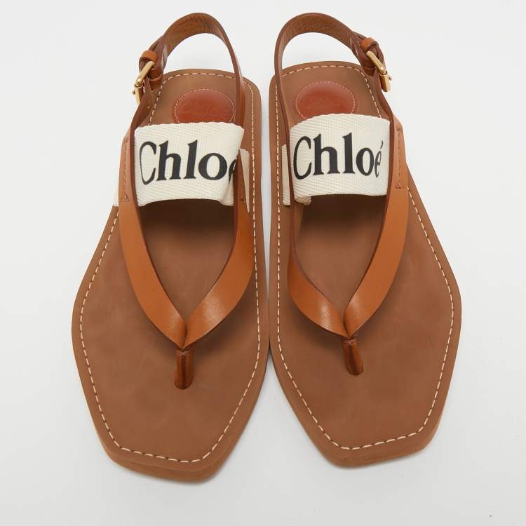 Pre Owned Chloe Beige/Cream Leather and Canvas Woody Slingback Sandals Size 41