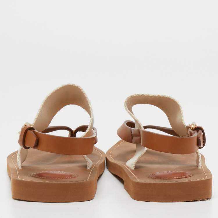 Pre Owned Chloe Beige/Cream Leather and Canvas Woody Slingback Sandals Size 41