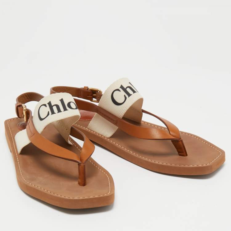 Pre Owned Chloe Beige/Cream Leather and Canvas Woody Slingback Sandals Size 41
