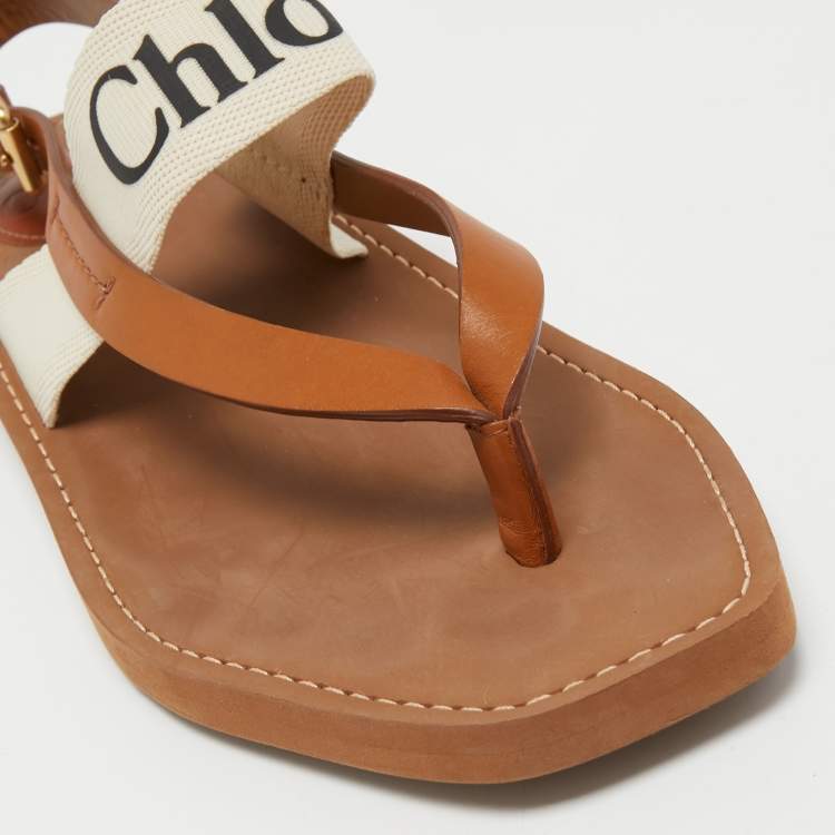 Pre Owned Chloe Beige/Cream Leather and Canvas Woody Slingback Sandals Size 41