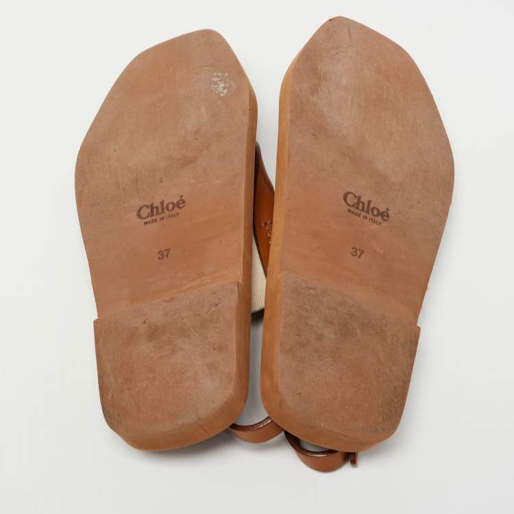 Pre Owned Chloe Tan/White Leather and Logo Print Canvas Woody Thong Flat Sandals Size 37