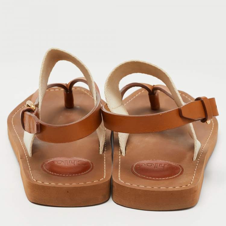Pre Owned Chloe Tan/White Leather and Logo Print Canvas Woody Thong Flat Sandals Size 37