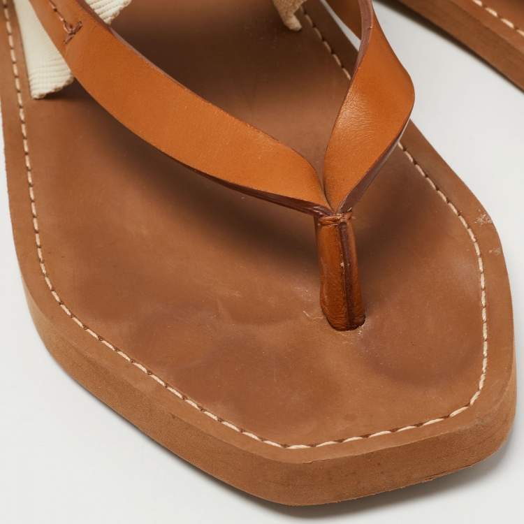 Pre Owned Chloe Tan/White Leather and Logo Print Canvas Woody Thong Flat Sandals Size 37
