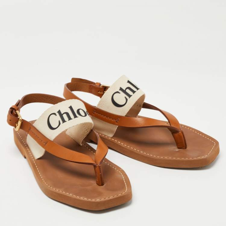 Pre Owned Chloe Tan/White Leather and Logo Print Canvas Woody Thong Flat Sandals Size 37