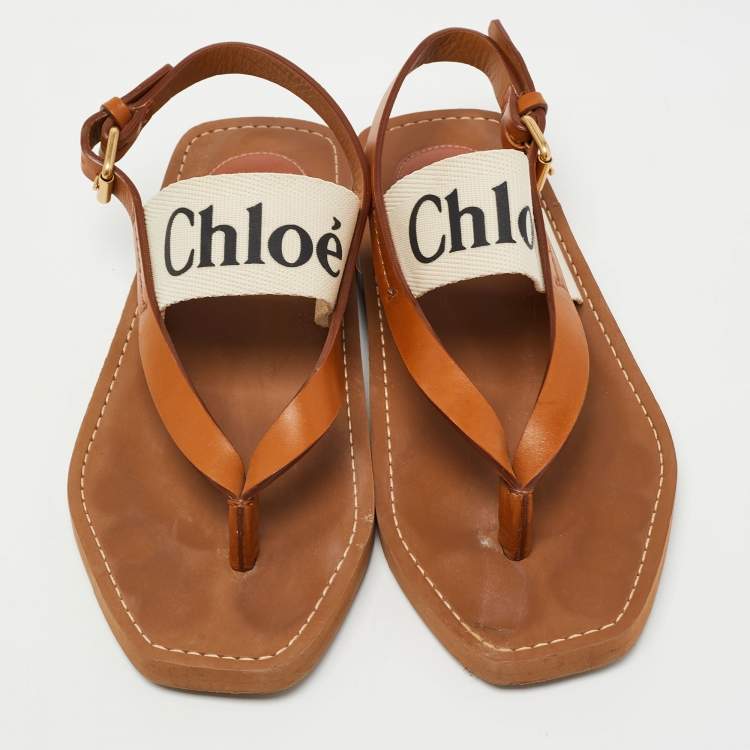 Pre Owned Chloe Tan/White Leather and Logo Print Canvas Woody Thong Flat Sandals Size 37